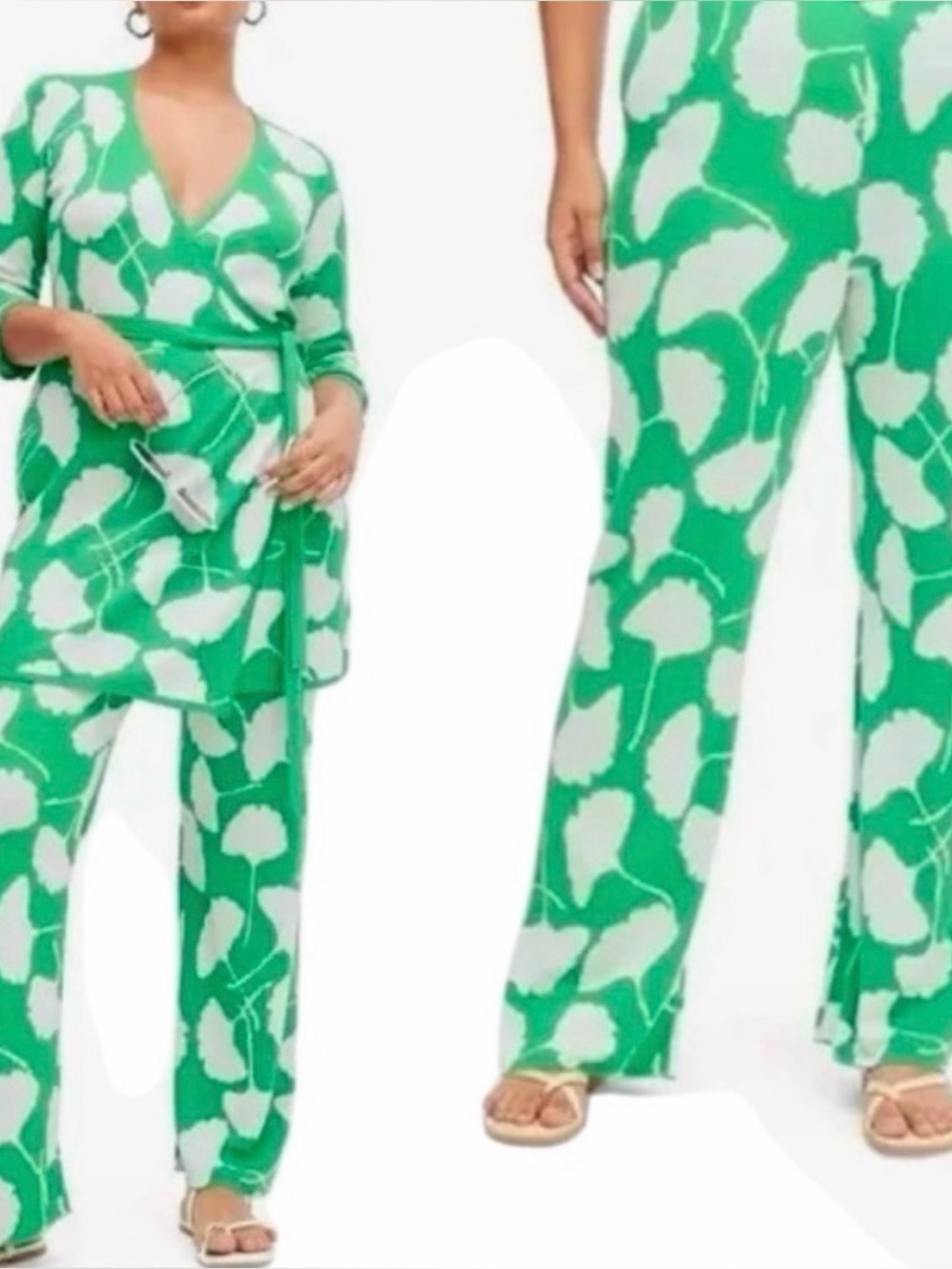 Diane Von Furstenberg x Target Green & White Floral Wide-Leg Pants NWOT
